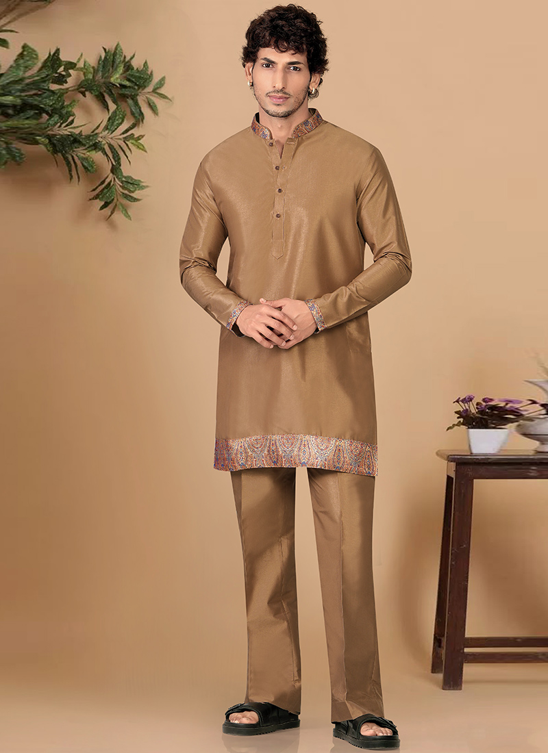 Rich Brown Silk Sequins Kurta Pyjama Festive Wear