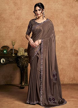 Rich Coffee Lustrous Satin Silk Embroidered Stone Beads Sequins Zari Saree