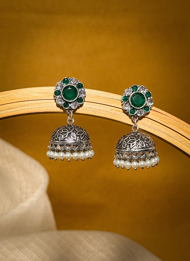Rich Dark Green Kundan Beads Oxidised Jhumka Festive Wear