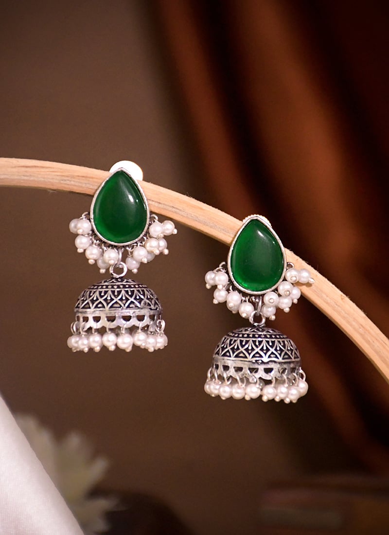 Rich Dark Green Kundan Beads Oxidised Jhumka Festive Wear
