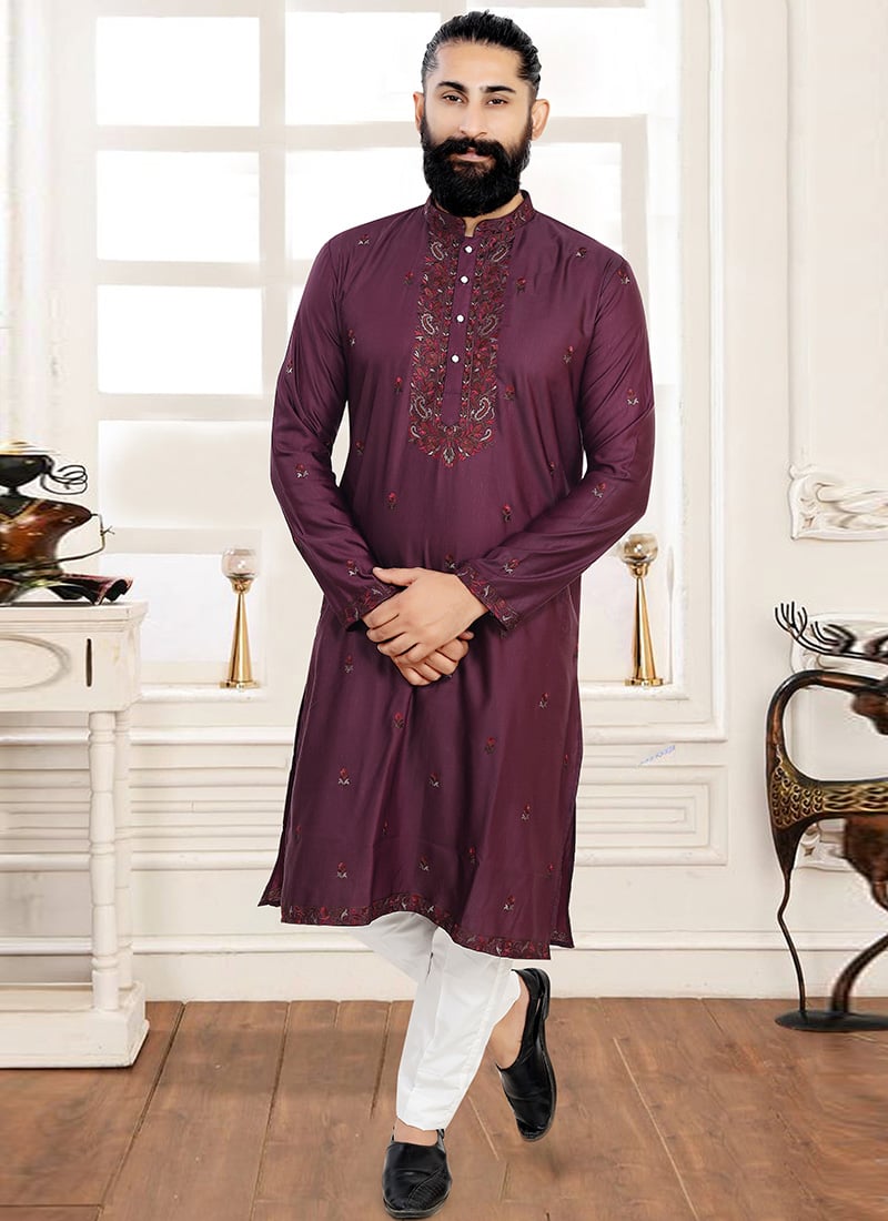 Rich Deep Wine Rayon Embroidered Sequins Thread Kurta Pyjama   Festive Wear