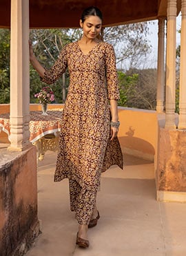 Rich Maroon Cotton Printed Kurta Straight Pant Set