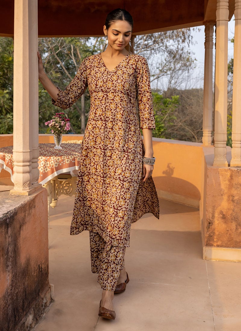 Rich Maroon Cotton Printed Kurta Straight Pant Set After Six Wear