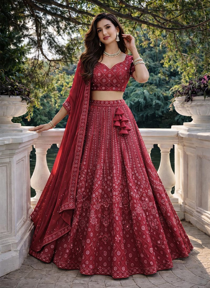Rich Maroon Georgette Sequins Embroidered Umbrella Lehenga Wedding Wear