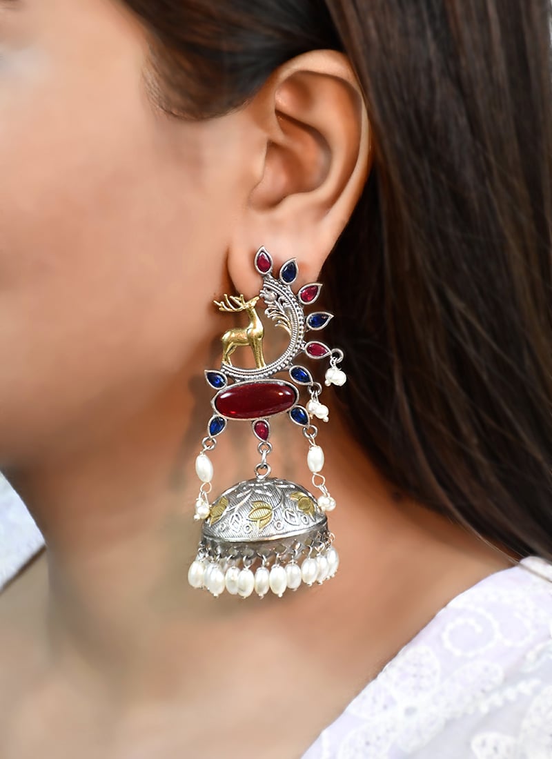 Rich Maroon Kundan Beads Oxidised Jhumka Festive Wear