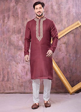 Rich Maroon Linen Cotton Embroidered Kurta Pyjama