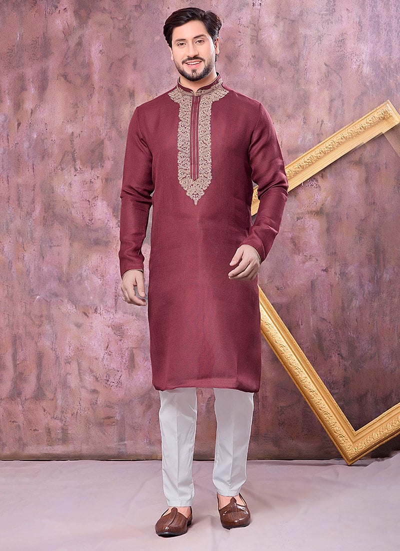 Rich Maroon Linen Cotton Embroidered Kurta Pyjama Festive Wear