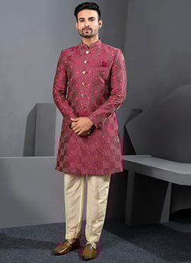 Rich Maroon Silk Zari Embroidered Thread Indowestern Sherwani
