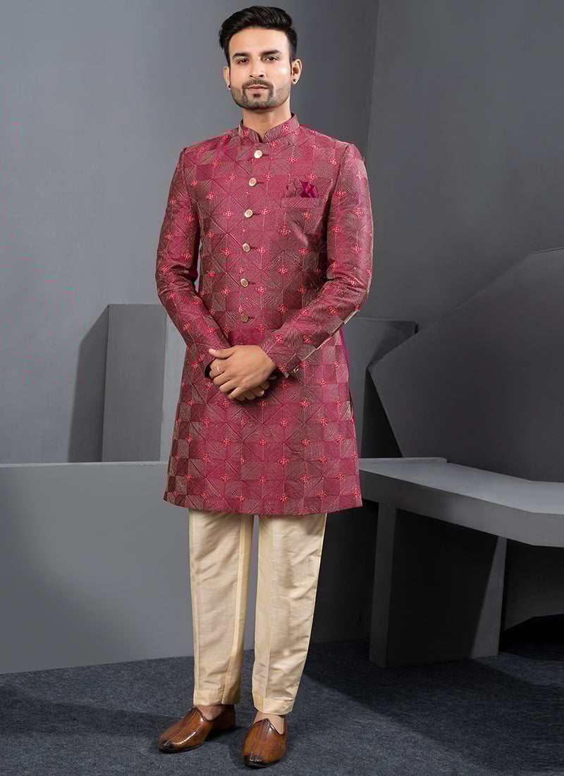 Rich Maroon Silk Zari Embroidered Thread Indowestern Sherwani Wedding Wear