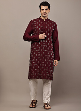 Rich Maroon Viscose Silk Embroidered Kurta Pyjama