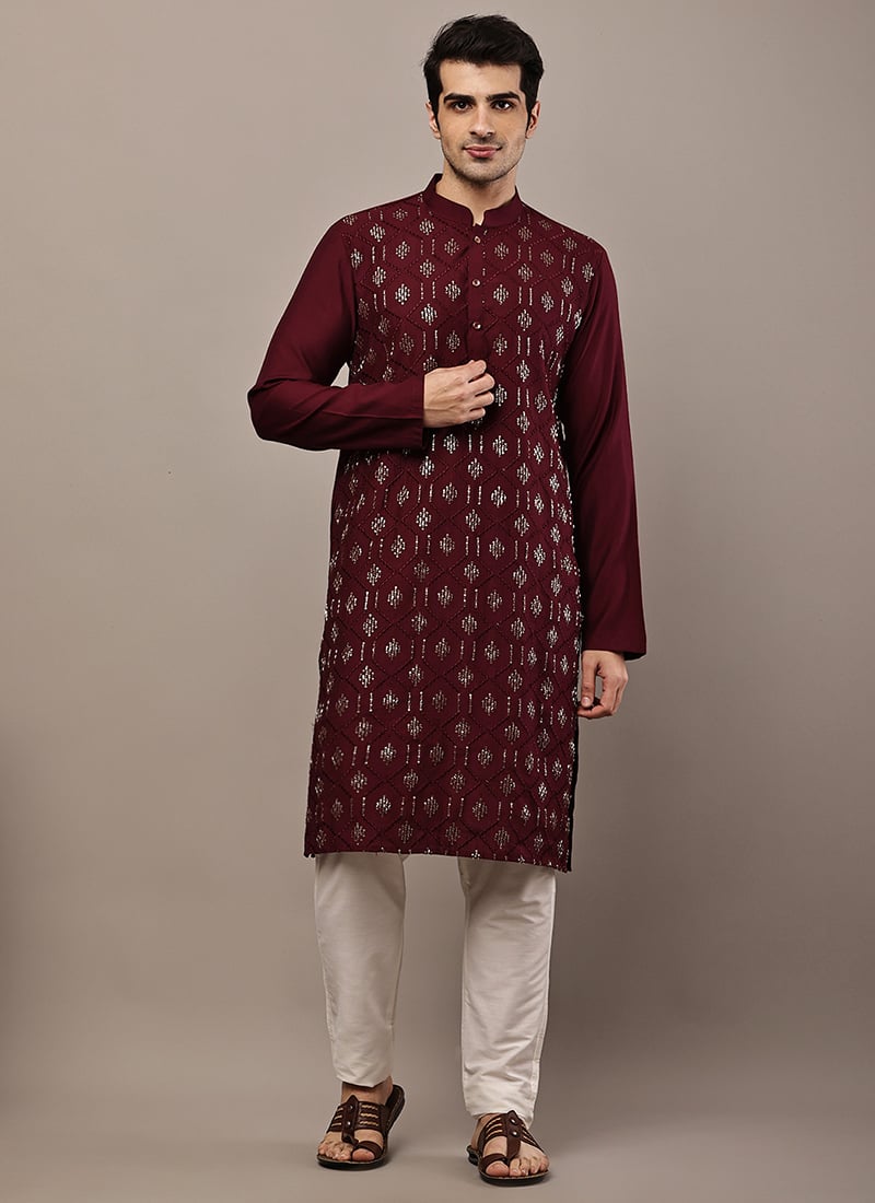 Rich Maroon Viscose Silk Embroidered Kurta Pyjama Festive Wear
