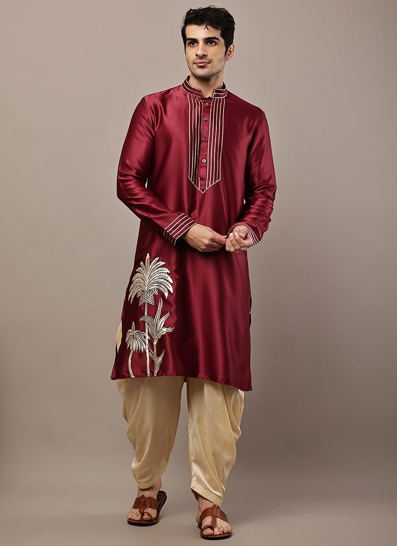 Rich Maroon Viscose Silk Embroidered Thread Kurta Pyjama Festive Wear