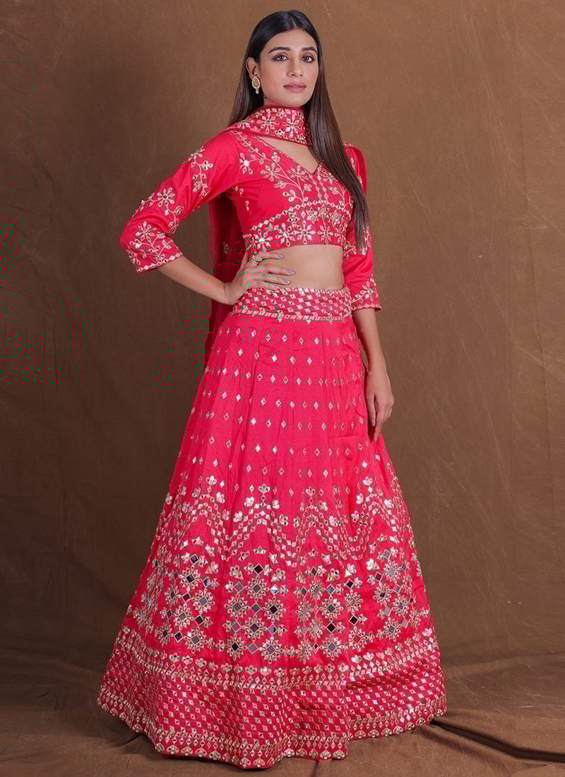 Rich Pink Faux Georgette Zari Embroidered Foil Mirror Work Lehenga Wedding Wear