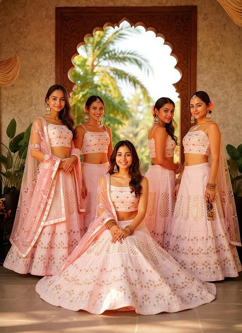 Rich Pink Faux Georgette Zari Sequins Lehenga Wedding Wear