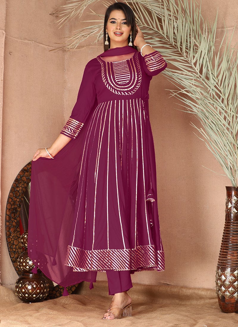 Rich Purple Rayon Gota Embossed Anarkali Suit With Matching Dupatta Festive Wear