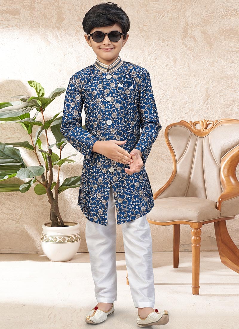 Rich Royal Blue Soft Silk Sequins Embroidered Thread Kids Boys Indowestern Sherwani Wedding Wear