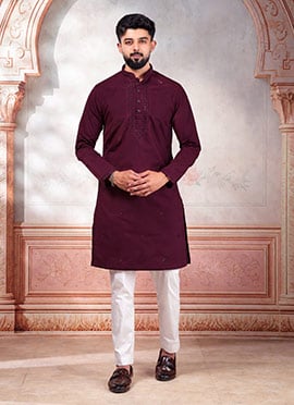 Rich Wine Cotton Embroidered Kurta Pyjama