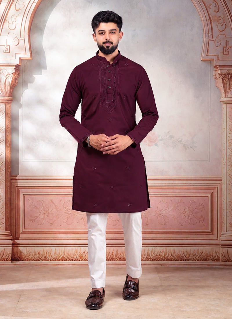Rich Wine Cotton Embroidered Kurta Pyjama Festive Wear