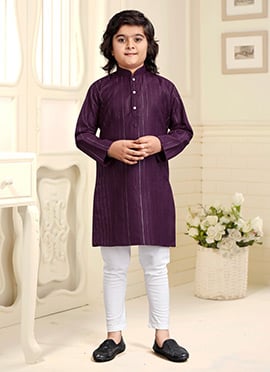 Rich Wine Cotton Kids Kurta Pyjama Set With Elegant Zari Work