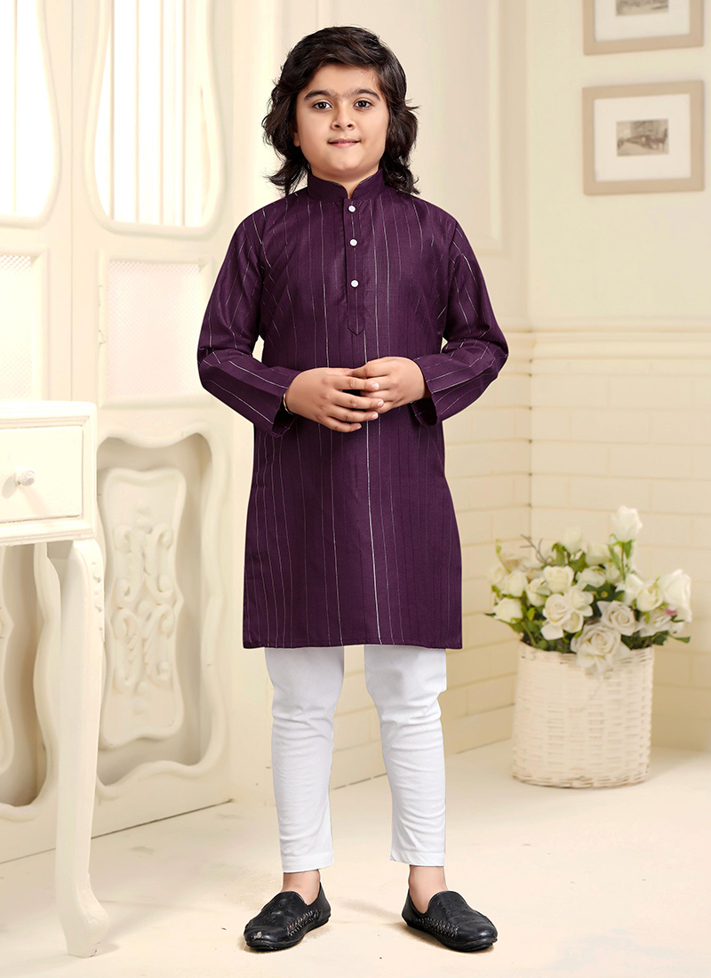 Rich Wine Cotton Kids Kurta Pyjama Set With Elegant Zari Work Festive Wear