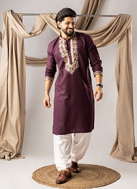 Rich Wine Linen Embroidered Sequins Thread Kurta Pyjama