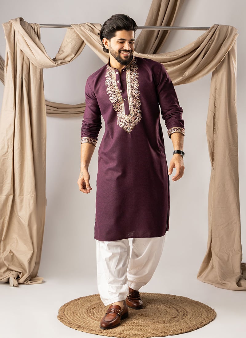 Rich Wine Linen Embroidered Sequins Thread Kurta Pyjama   Festive Wear