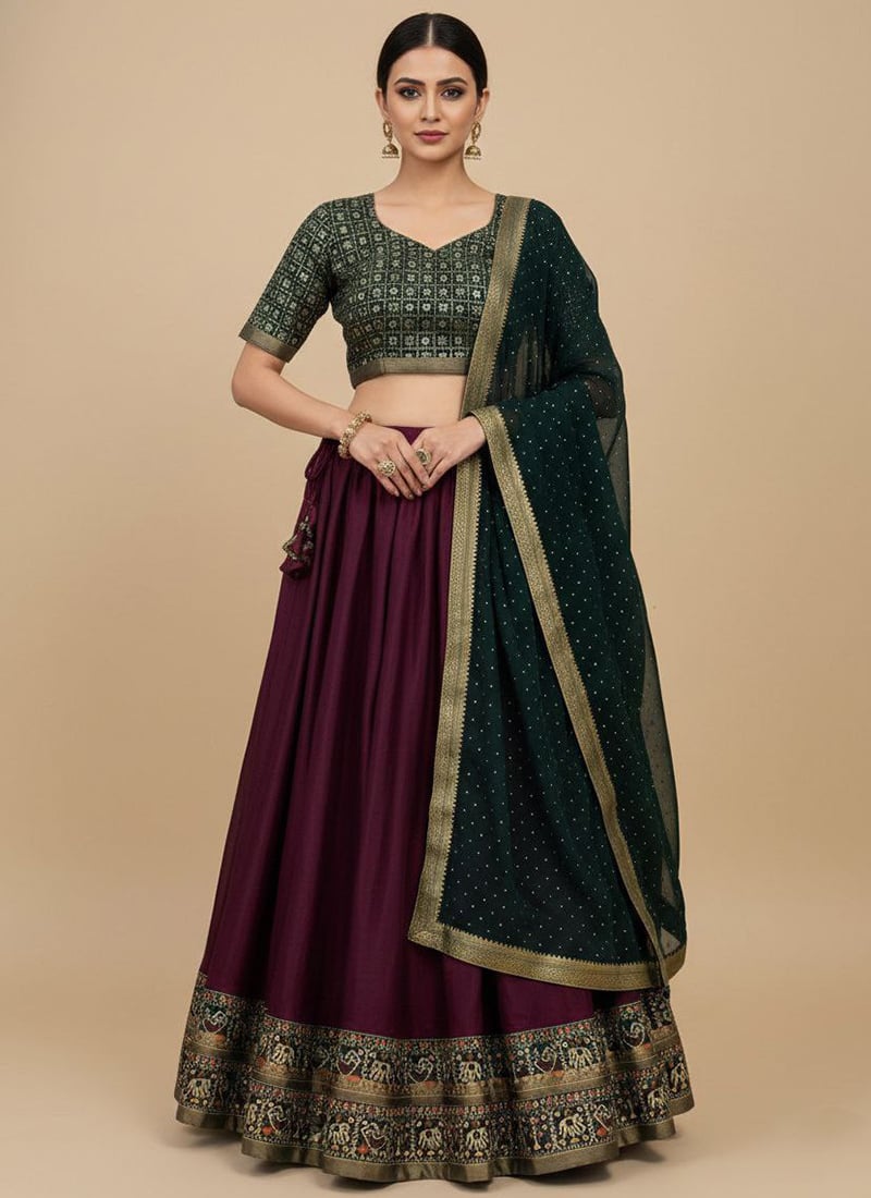Rich Wine Mul Mul Cotton Patola Print Zari Umbrella Lehenga Wedding Wear