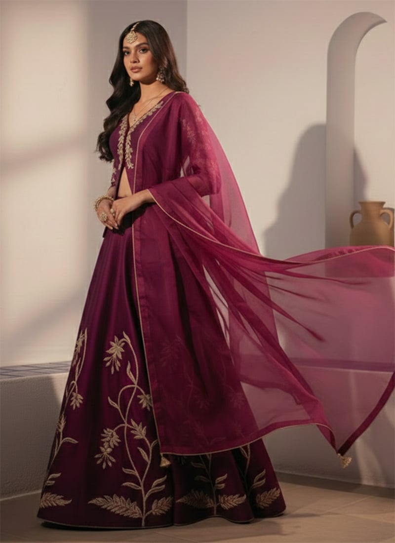 Rich Wine Silk Zari Sequins Embroidered A Line Lehenga Wedding Wear