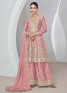 Rose Gold Chinnon Silk Embroidered Palazzo Suit