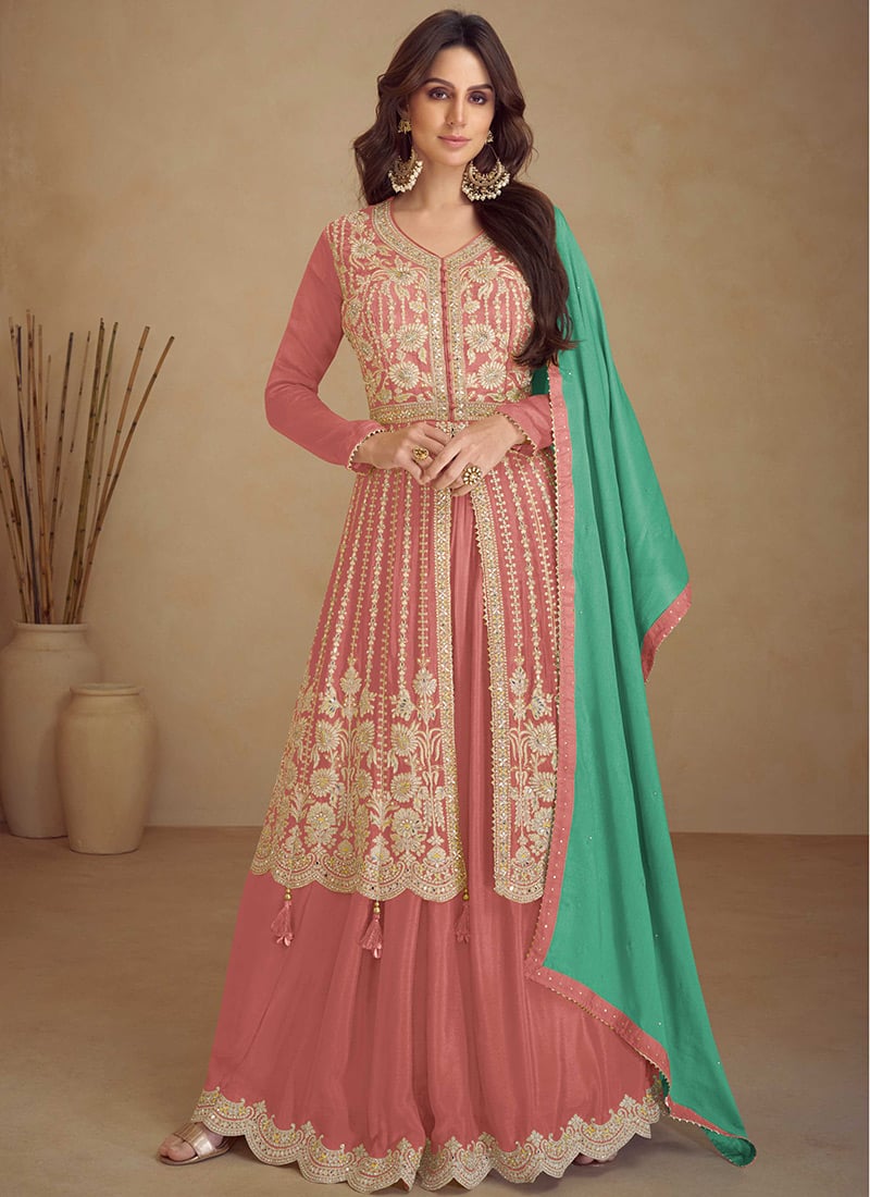 Rose Gold Chinon Embroidered Sequins Stone Work Anarkali Palazzo Suit Wedding Wear