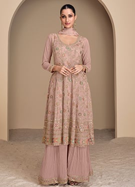 Rose Gold Embroidered And Sequins With Stones Thread work Palazzo Suit