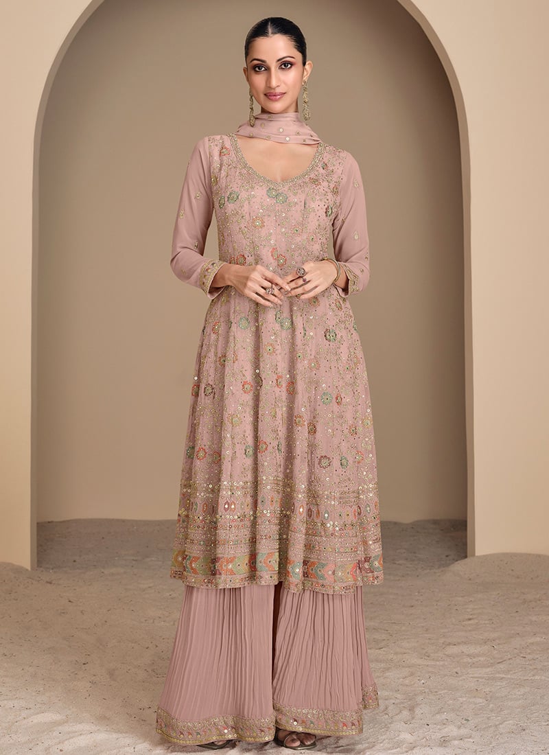 Rose Gold Embroidered And Sequins With Stones Thread work Palazzo Suit Wedding Wear