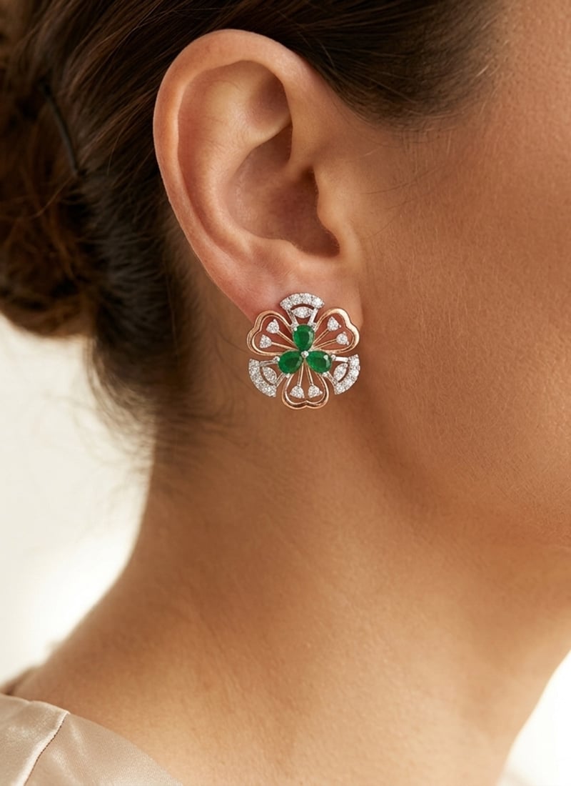 Rose Gold Finish 925 Sterling Silver Moissanite Stone Stud Earrings Wedding Wear