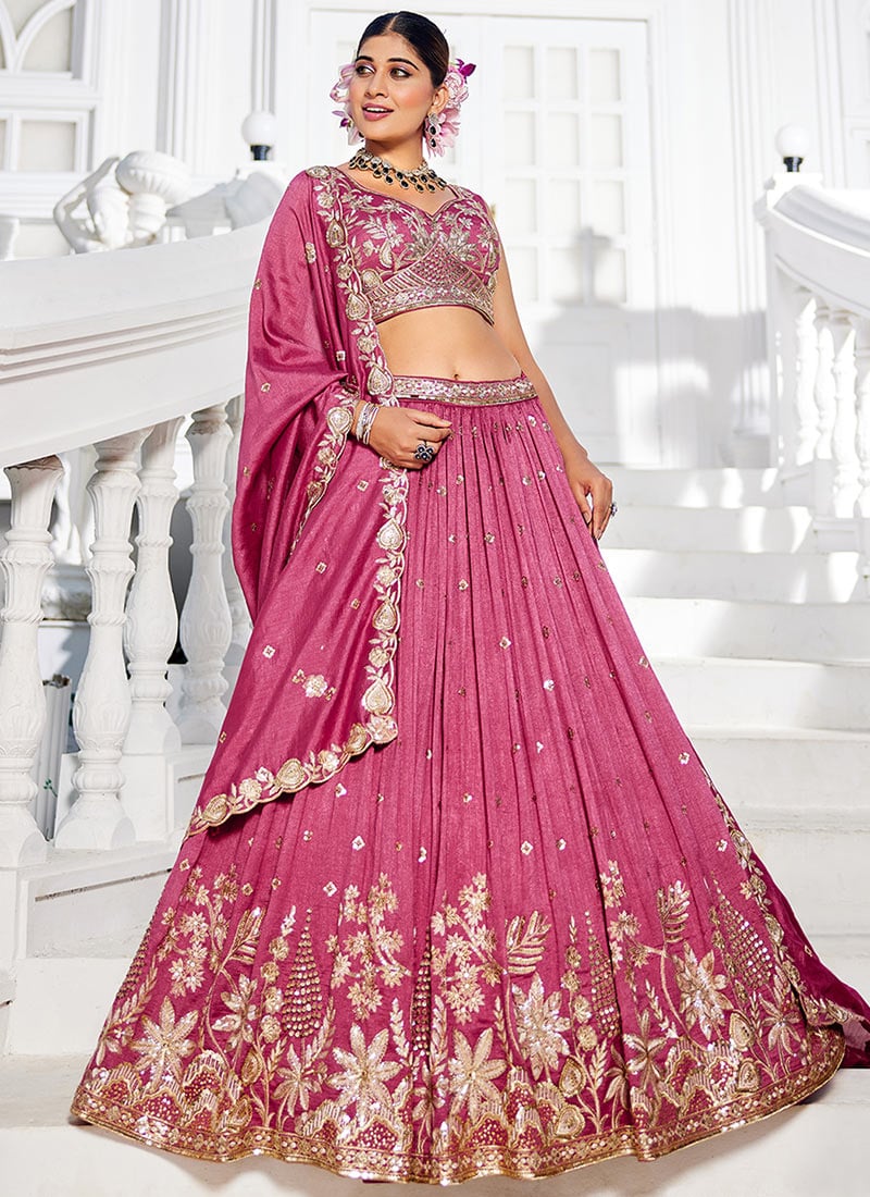 Deep Pink Georgette Sequins Embroidered Cut Work Zari Lehenga Set