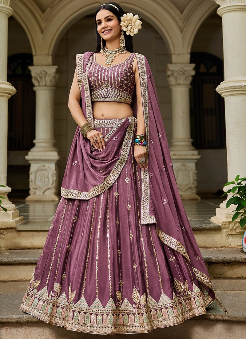 Rose Gold Georgette Sequins Embroidered Zari Lehenga Set