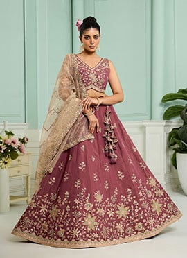 Rose Gold Georgette Sequins Stones Embroidered Cut Work Umbrella Lehenga Wedding Wear