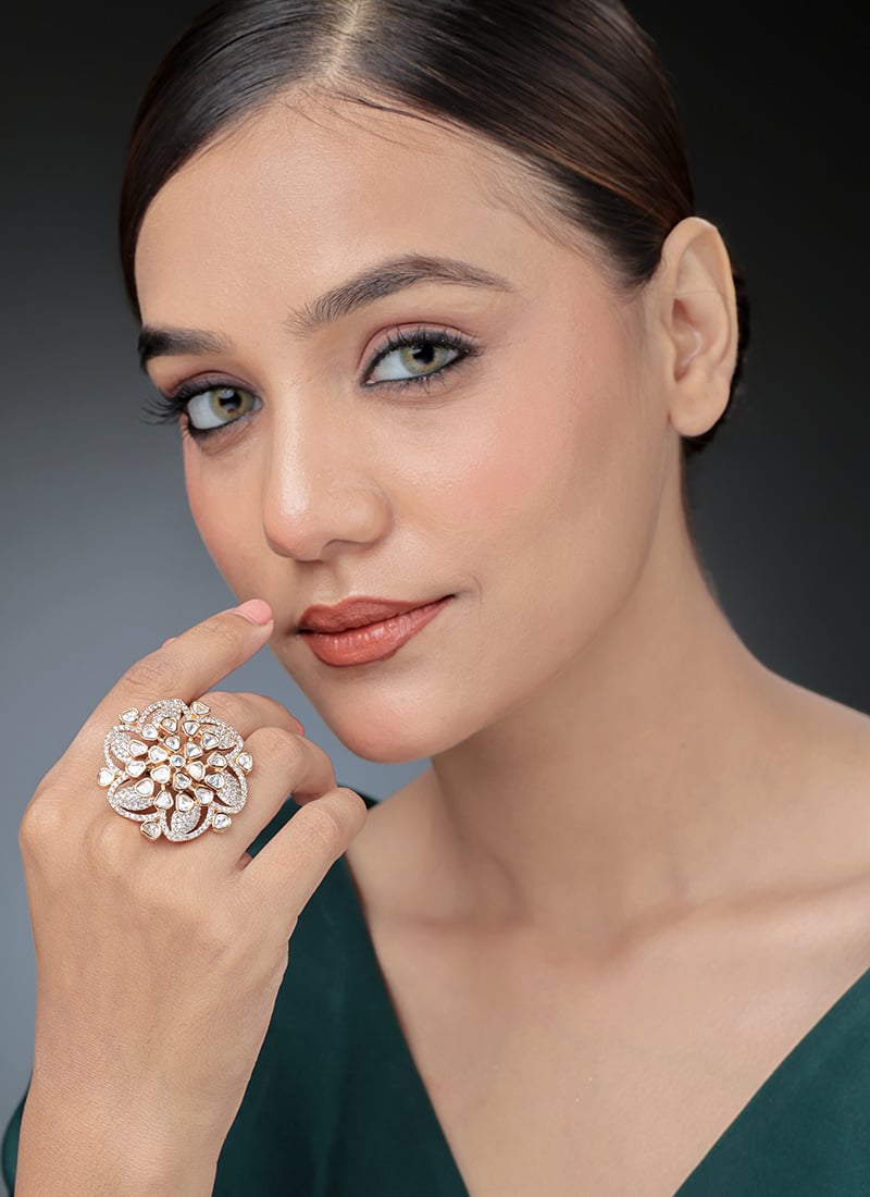 Rose Gold Kundan And Stone Work Hand Ring Festive Wear