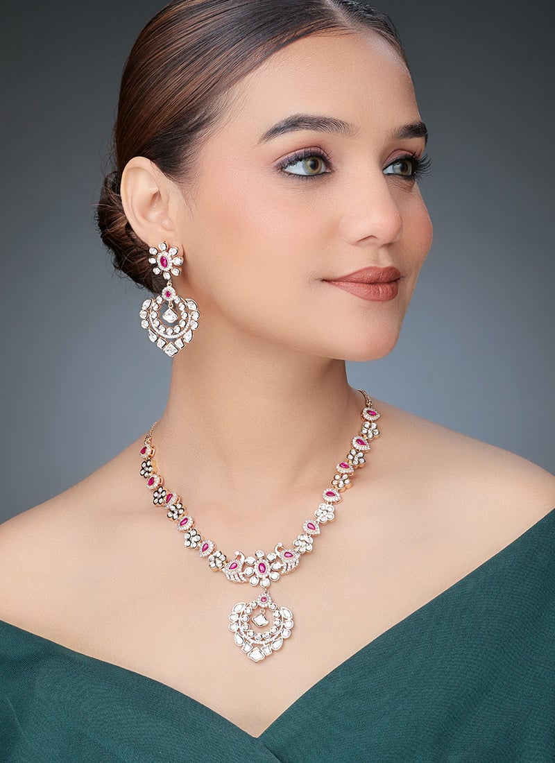 Rose Gold Kundan And Stone Work Necklace Wedding Wear