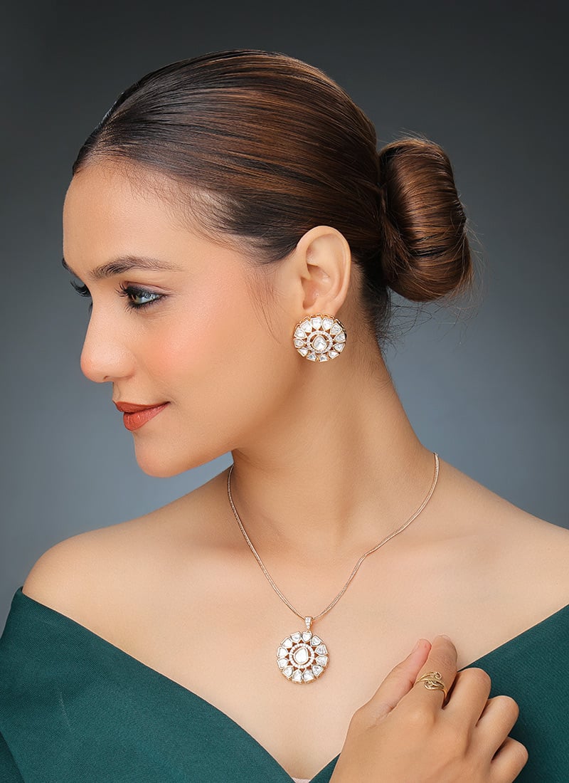 Rose Gold Kundan And Stone Work Pendent Set Wedding Wear