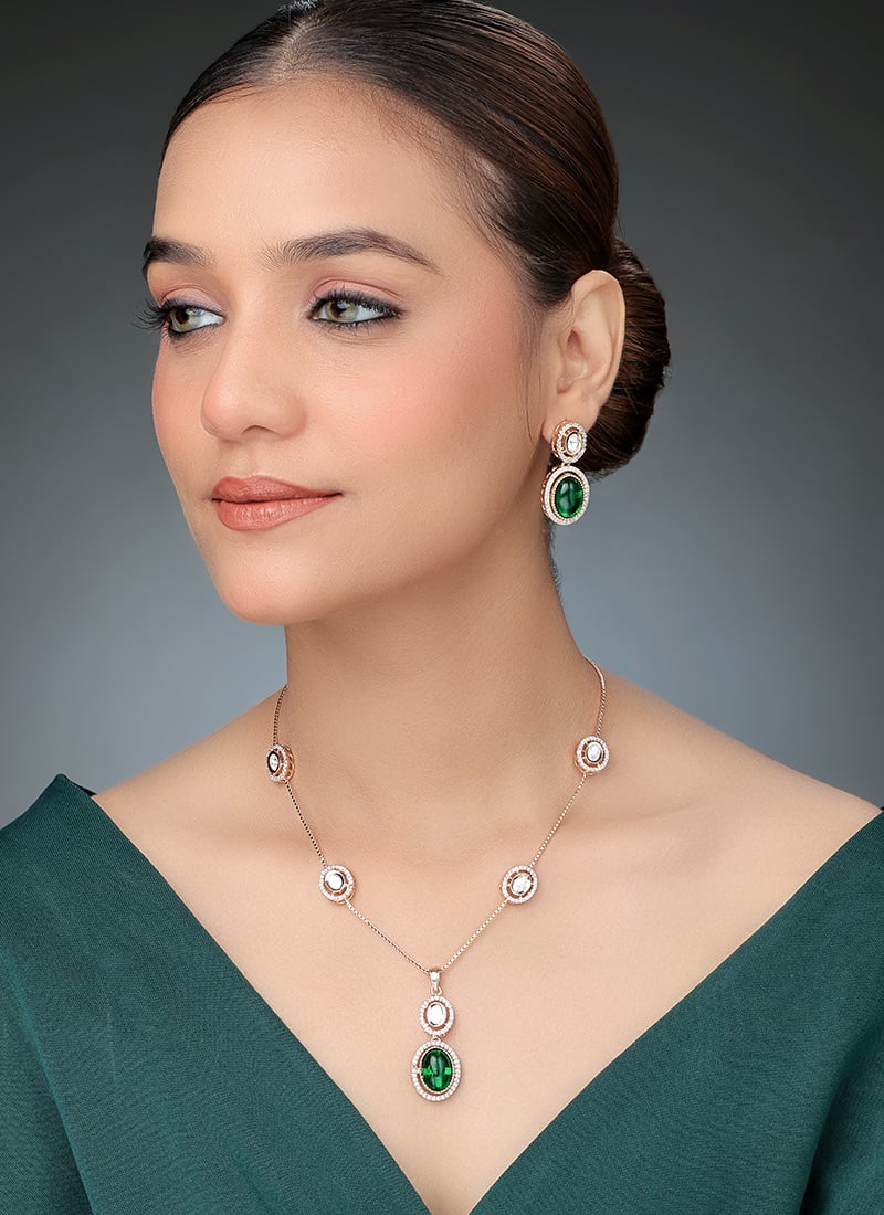 Rose Gold Kundan And Stone Work Pendent Set Wedding Wear