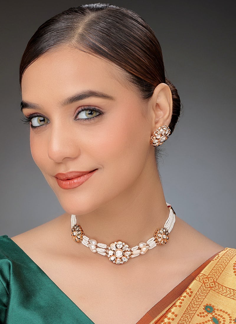 Rose Gold Kundan Moti And Beads Work Choker Wedding Wear