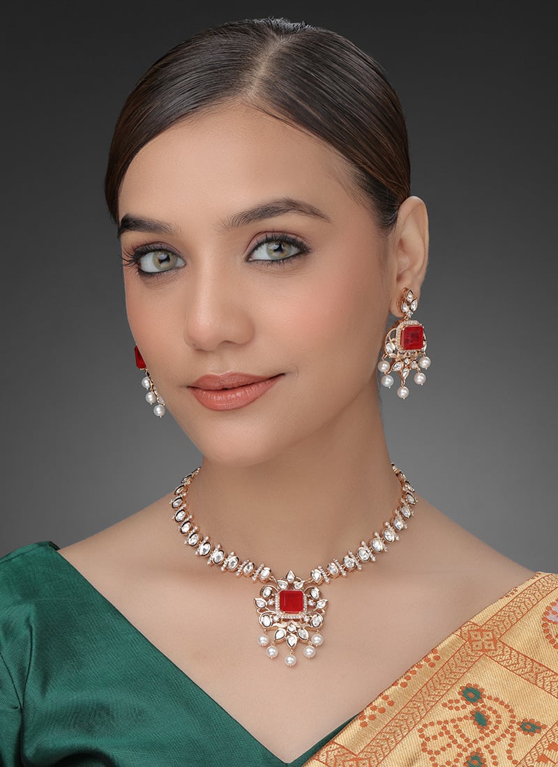 Rose Gold Kundan Moti And Stone Work Necklace Wedding Wear