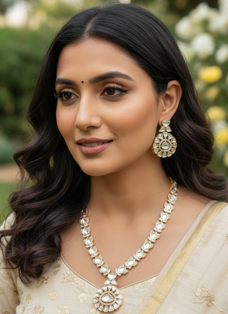 Rose Gold Kundan Stone Necklace Set Wedding Wear