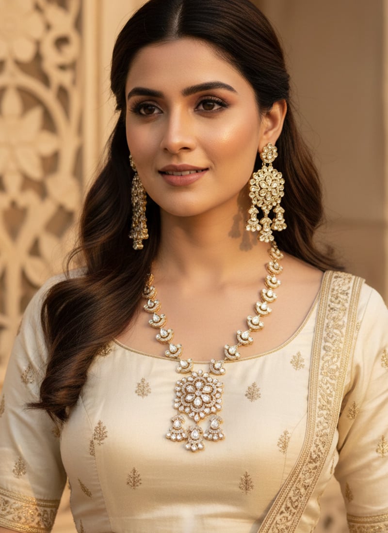 Rose Gold Kundan Stone Statement Necklace Set Wedding Wear