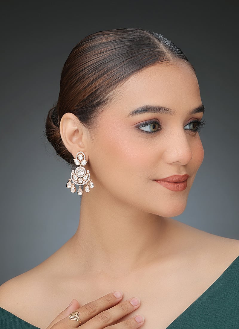 Rose Gold Kundan Stone Work Danglers Festive Wear