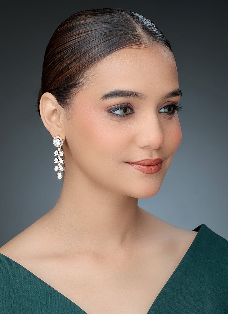 Rose Gold Kundan Stone Work Danglers Festive Wear