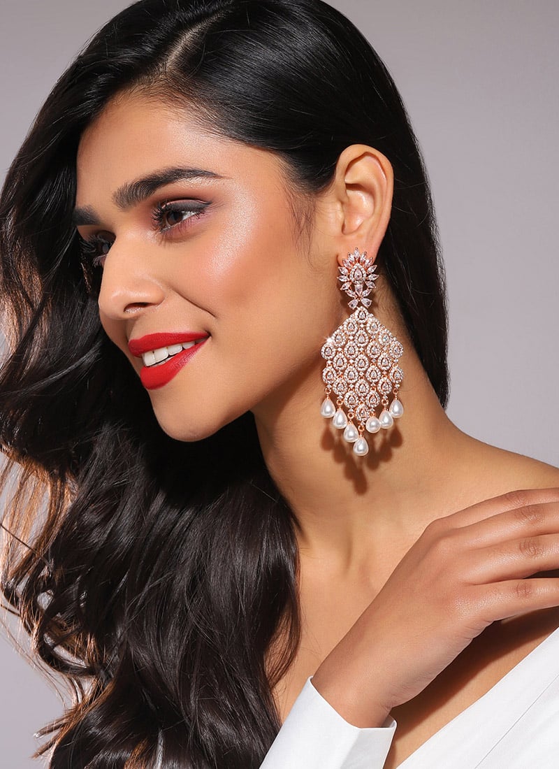 Rose Gold Kundan Stones And Moti Chandeliers Festive Wear