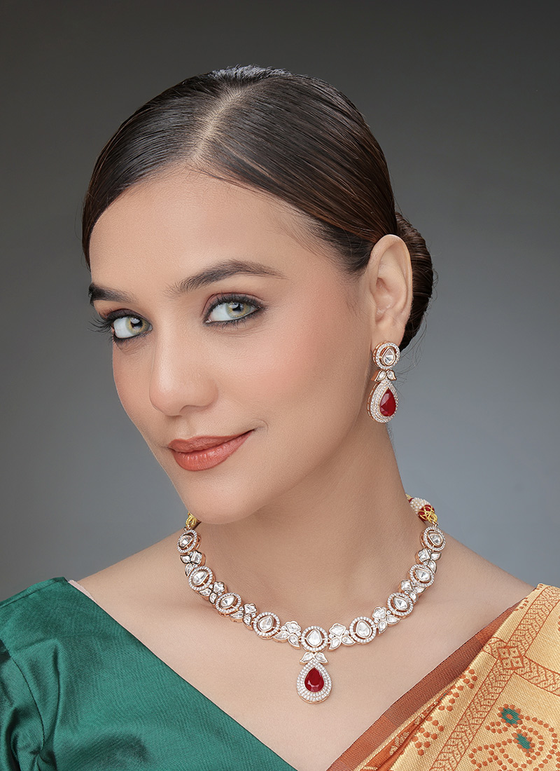 Rose Gold Necklace In Kundan And Stone Work Wedding Wear