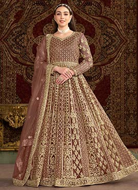 Rose Gold Net Embroidered Sequins Elegant Anarkali Suit