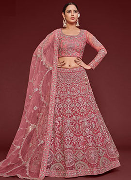 Rose Gold Net Embroidered Work Umbrella Lehenga Choli